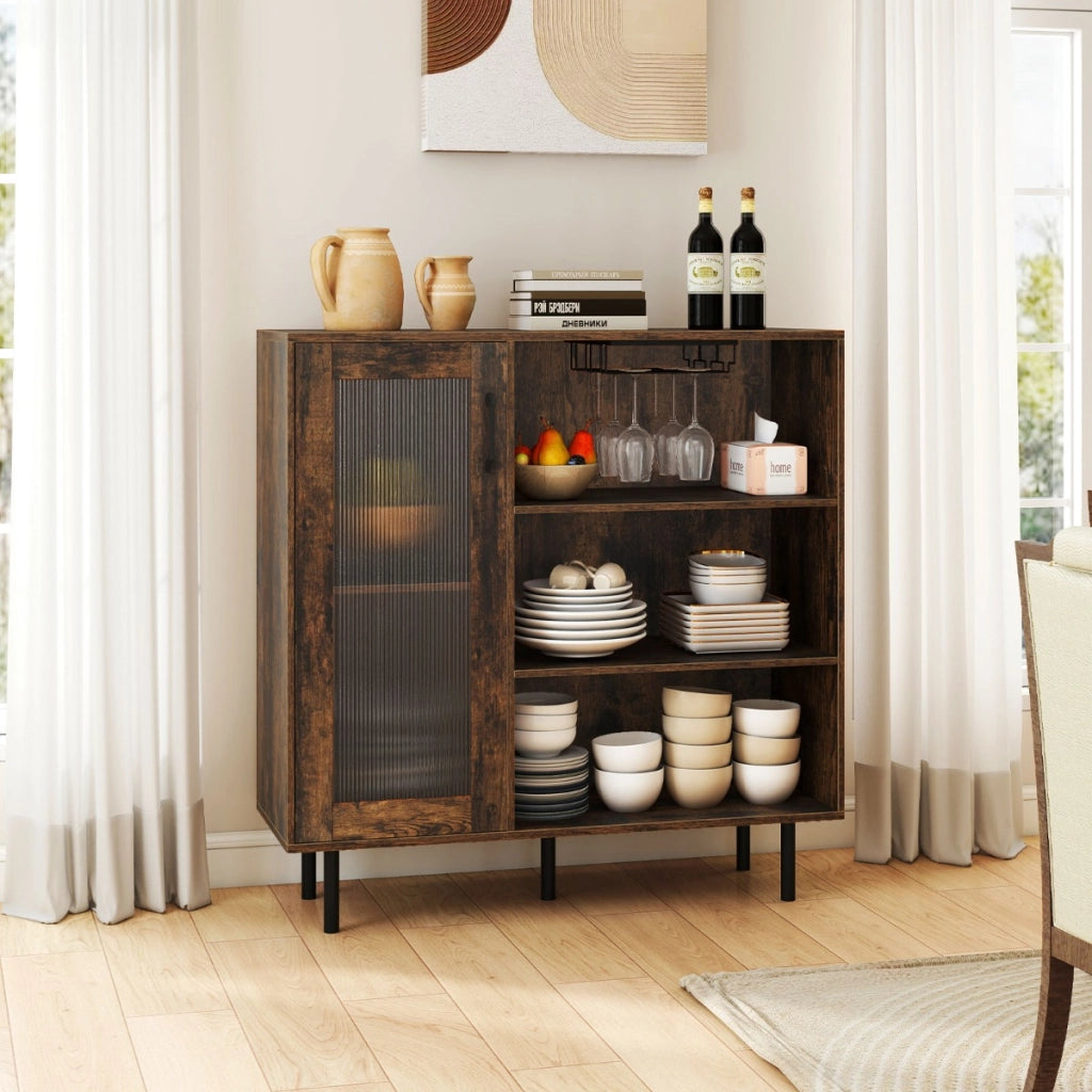 Credenza con porta ripiano regolabile e portabicchieri da vino-Mobile per caff¨¨ sala da pranzo e soggiorno Marrone