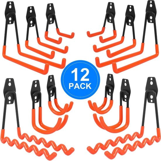 12 pezzi di muro per garage, muro per garage pesante, muro per garage con doppia impugnatura, muro per garage per l'organizzazione di scale, sedie, tubi, biciclette, attrezzature elettriche (arancione)