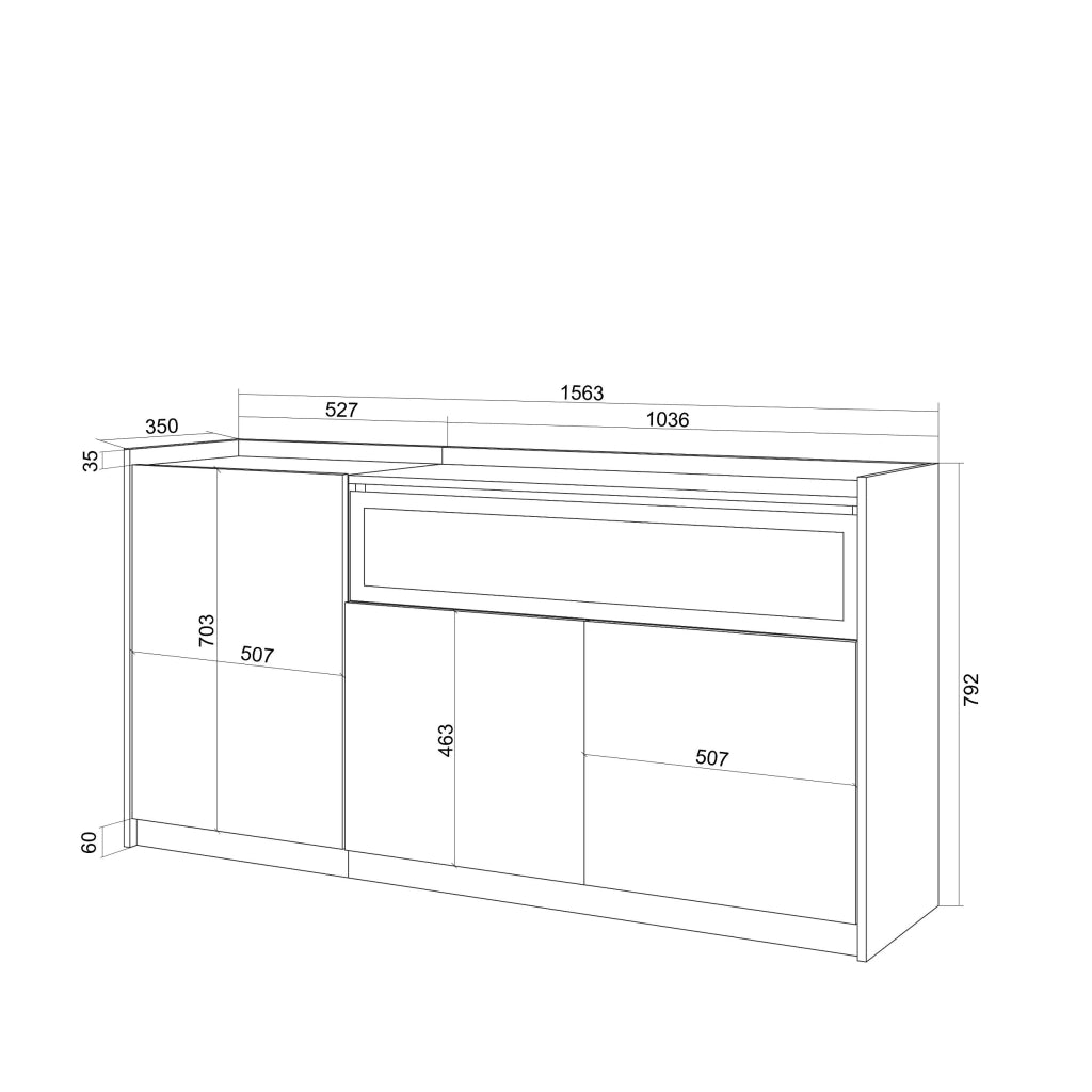 Credenza, Mobile, Cucina, 156x80x37 cm, 3 Porte, Camino elettrico, LED, Rovere e nero