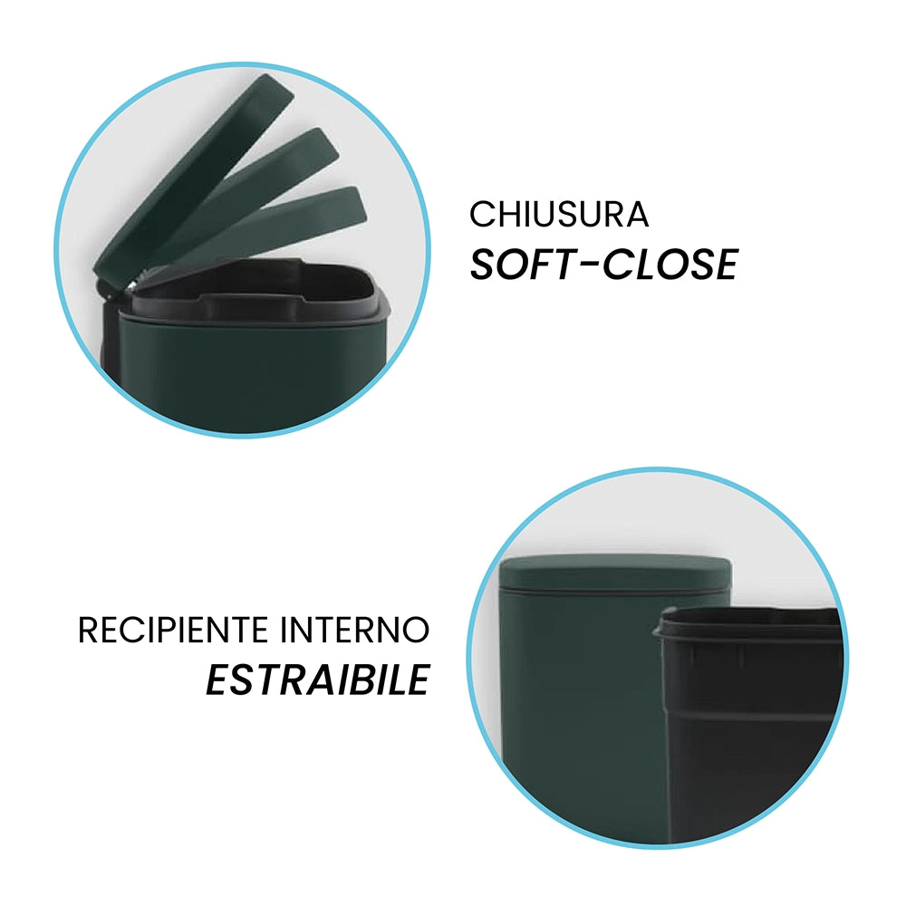 Set pattumiera 5lt a pedale e portascopino in acciaio verde scuro opaco Axin