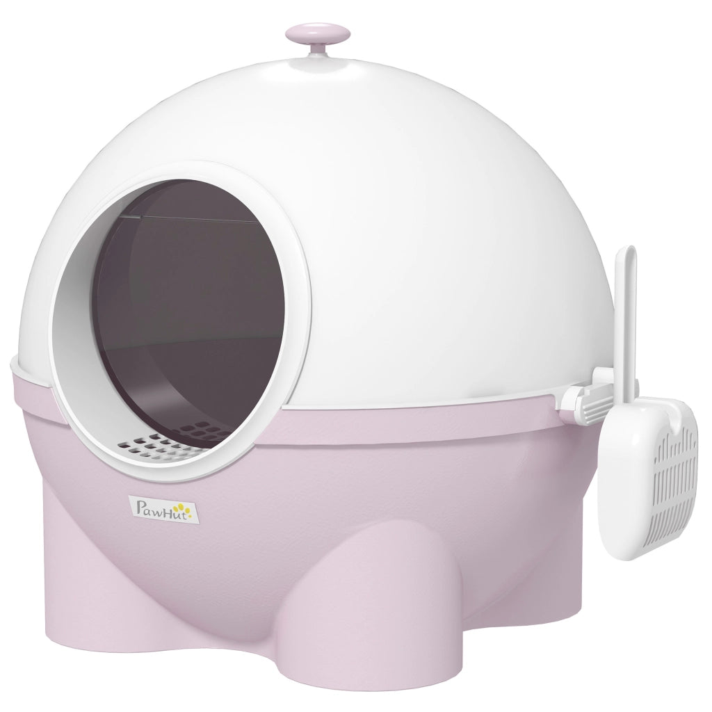 Lettiera Chiusa per Gatti 53x51x48 cm Rotonda con Uscita Raccogli Sabbia in PP e PC Bianco e Rosa