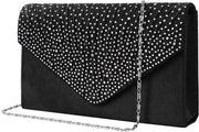 Borsa da Sera per Donna in Tela Satinata con Catena con Diamanti e Cinturino per Mano con Portamonete Envelope Elegante, Nero