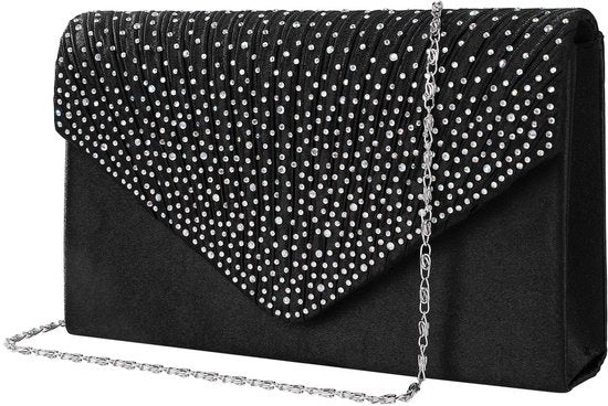 Borsa da Sera per Donna in Tela Satinata con Catena con Diamanti e Cinturino per Mano con Portamonete Envelope Elegante, Nero