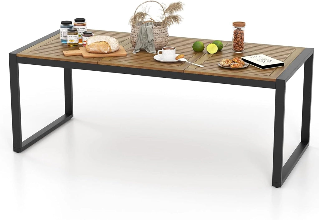 Tavolo da Giardino con Foro per Ombrellone, Tavolo da Pranzo a 8 Posti in Legno di Acacia e Metallo, Tavolo Rettangolare con Piedini Regolabili, per Esterno, Balcone, Cortile, 200x90x75 cm