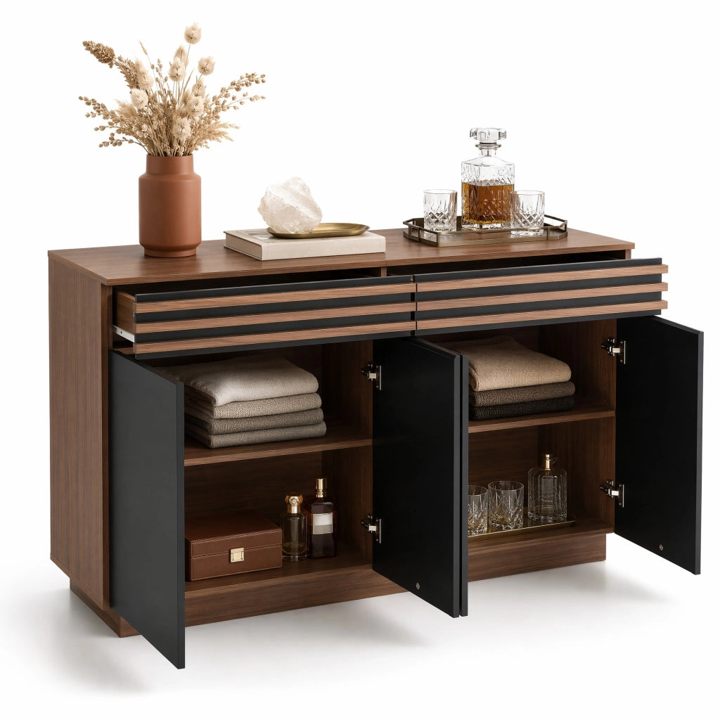 Sideboard 150x40x85 cm in MDF effetto legno marrone e nero; 2 cassetti e 4 ante