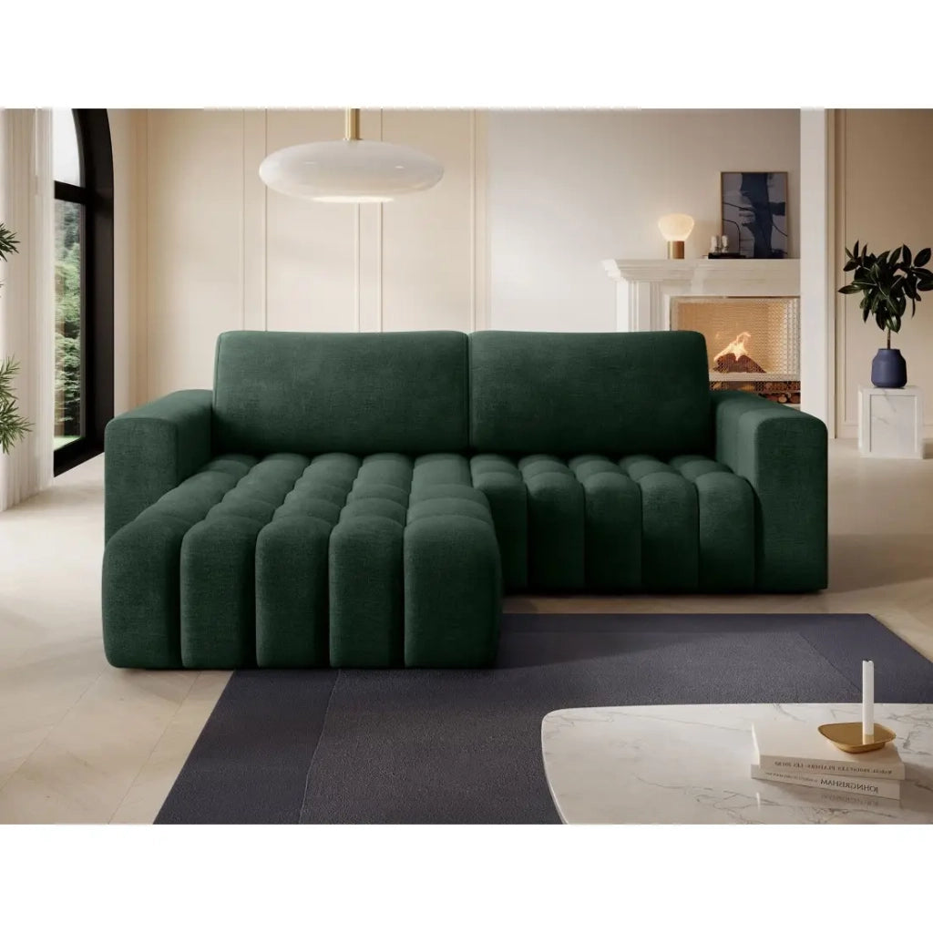 Divano ad angolo convertibile DORY verde scuro 250 cm con contenitore angolo sinistro