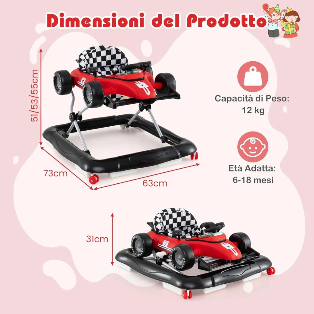 4 in 1 Girello per Bambini, Altezza Regolabile a 3 Livelli, Passeggino per Bambini, con Volante Imbottito e Scatola Musicale, Portata 12 kg, per Bambini 6-18 Mesi (Rosso)