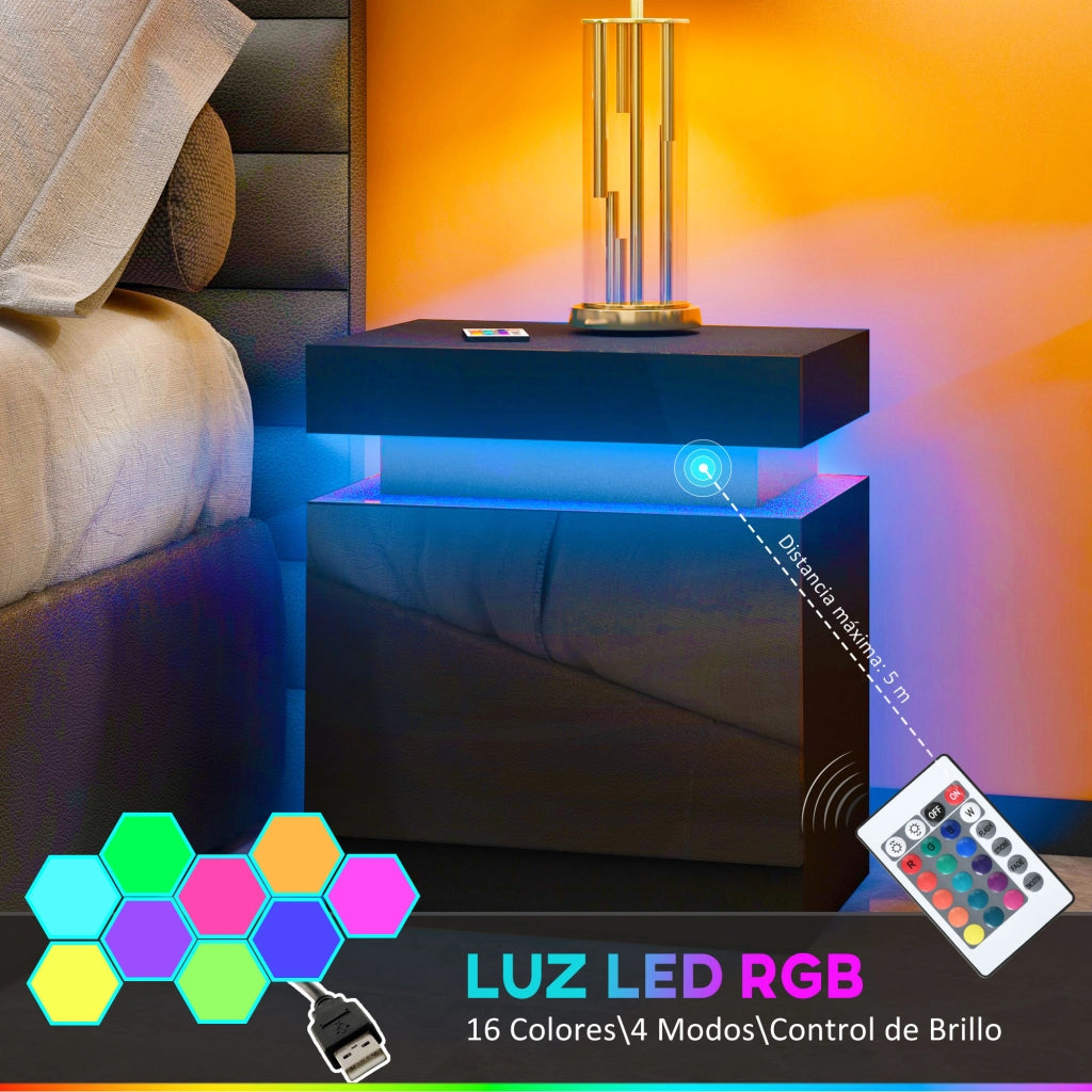 Comodino con luci LED e 2 cassetti ¨C Xylo ¨C controllo APP, 45x35x52 cm, nero