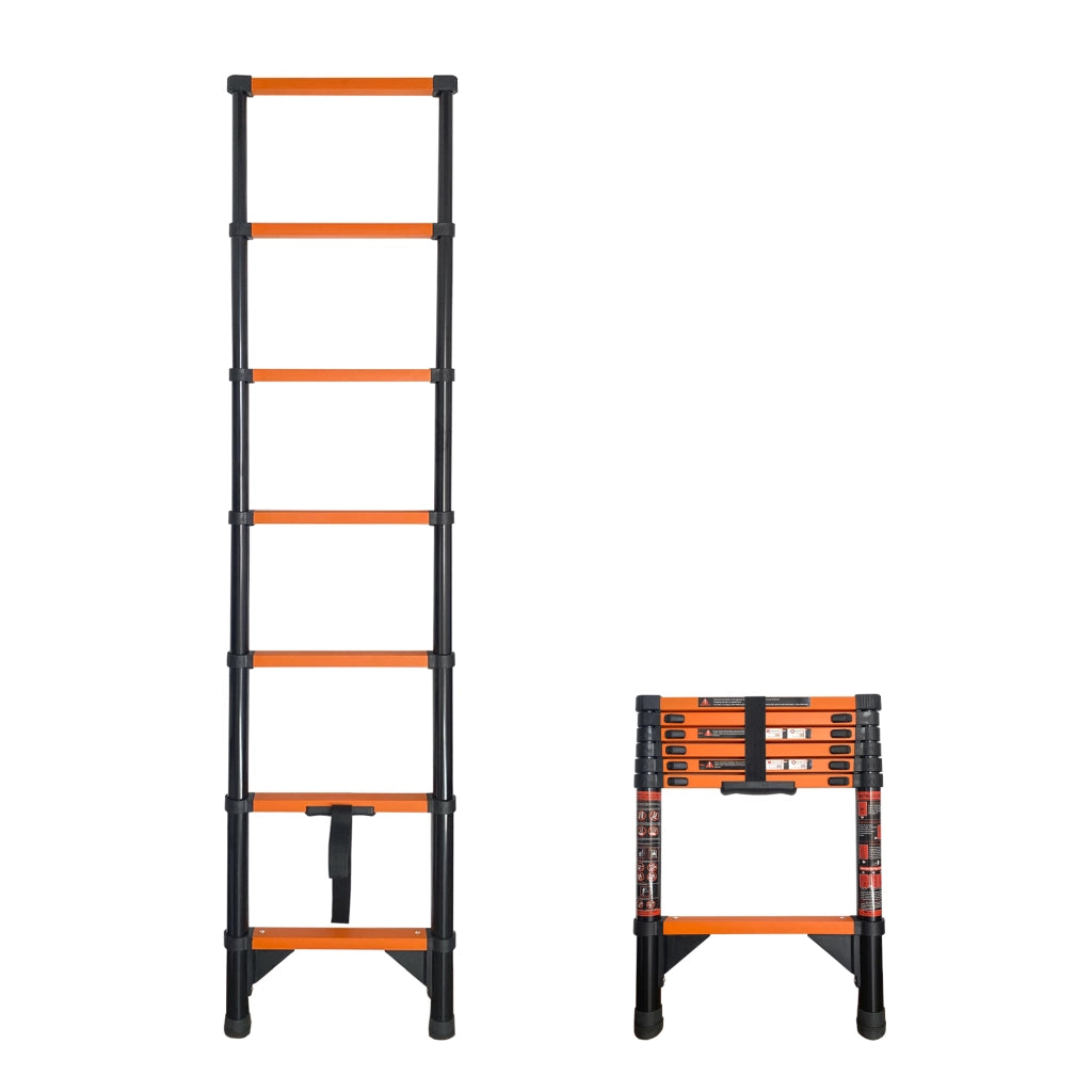 Scala telescopica estensibile in acciaio al carbonio Nyana Tools – 2 m – Certificazione EN-131 – Piedini antiscivolo e blocco di sicurezza