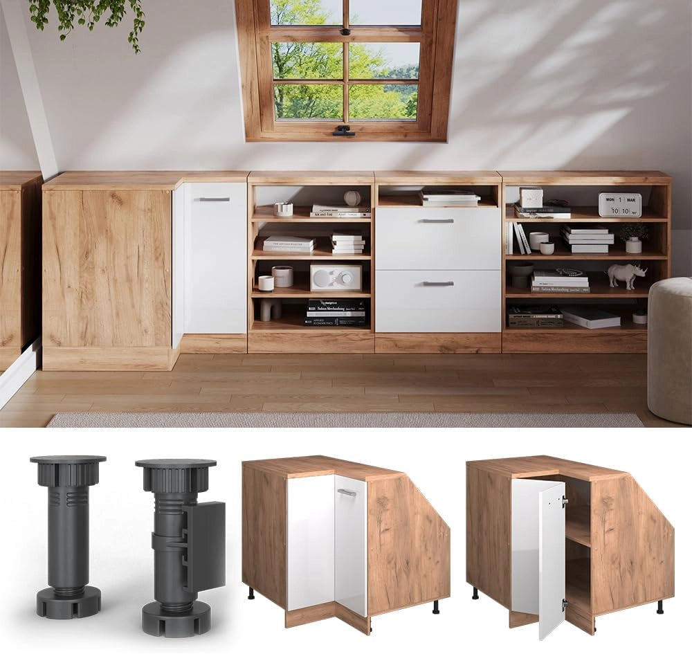 Mobile sottotetto Mobile angolare Rion, Bianco lucido, 75.6 x 81.6 cm con 1 porta, carcassa dell’armadio profondità 60 cm, adatto per il salvaspazio sotto tetti spioventi