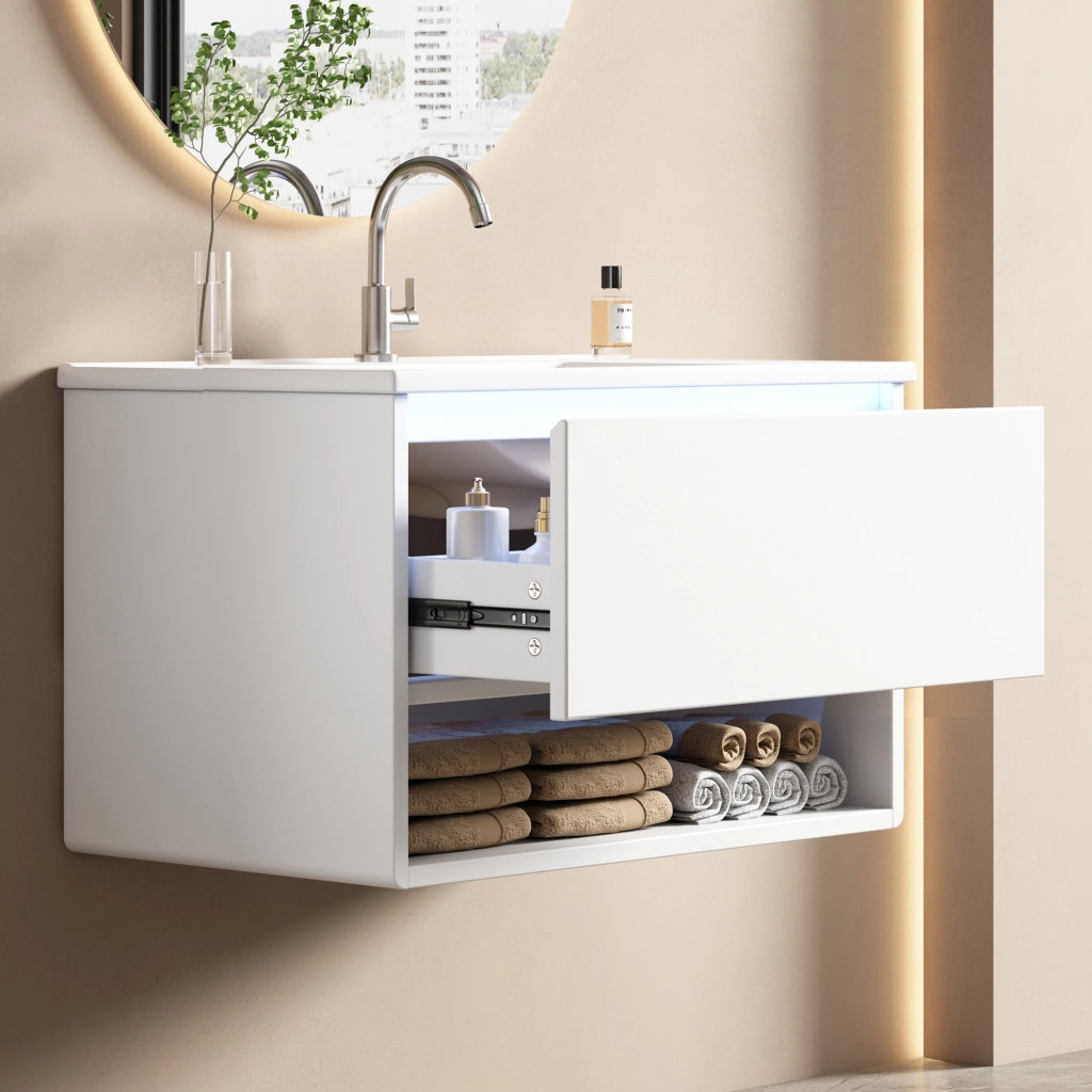 Mobile Sottolavabo Sospeso con Lavabo ¨C MINIMAL ¨C Bianco, LED, Cassetto, 76.5x46x45