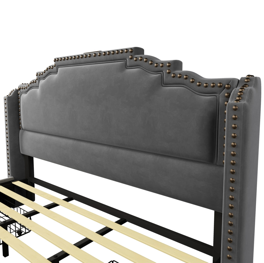 Letto matrimoniale ULEVR 180x200 cm con 4 cassetti, LED, USB e Type-C, velluto grigio