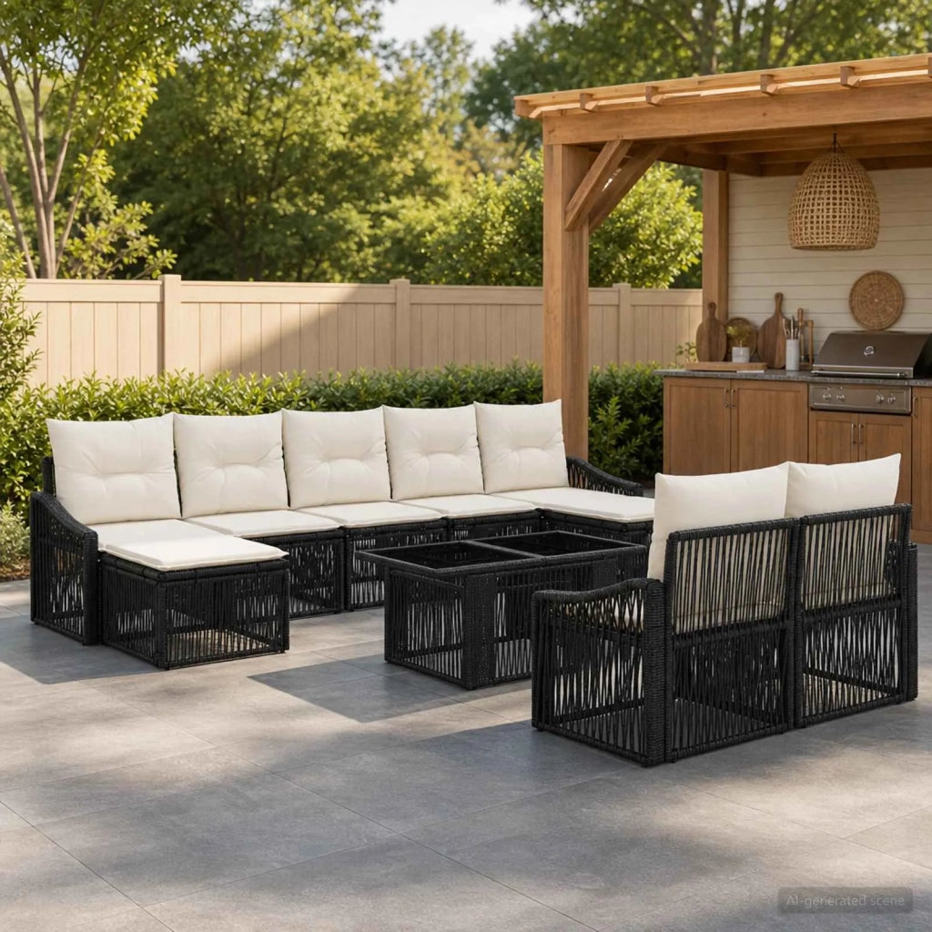 Set Divano da Giardino 10 pz Nero e Bianco Crema polyrattan 3437308