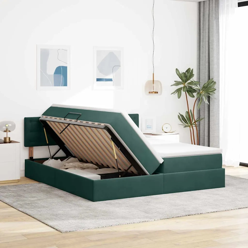 Letto con luci a strisce a LED Verde Scuro 200 x 200 cm Velluto
