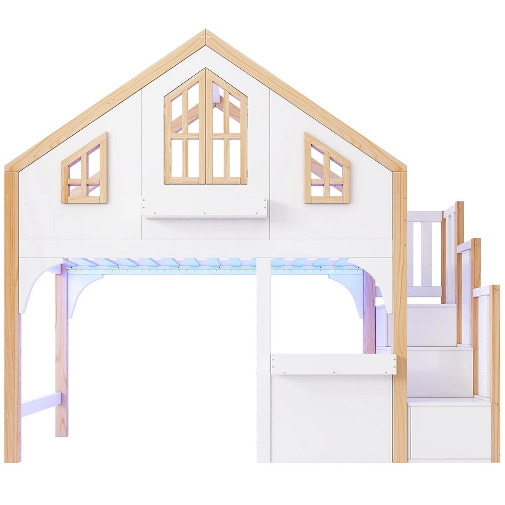 Letto a soppalco per bambini - Xylo - 90x200 cm - Bianco e colore naturale - LED e scala con vano