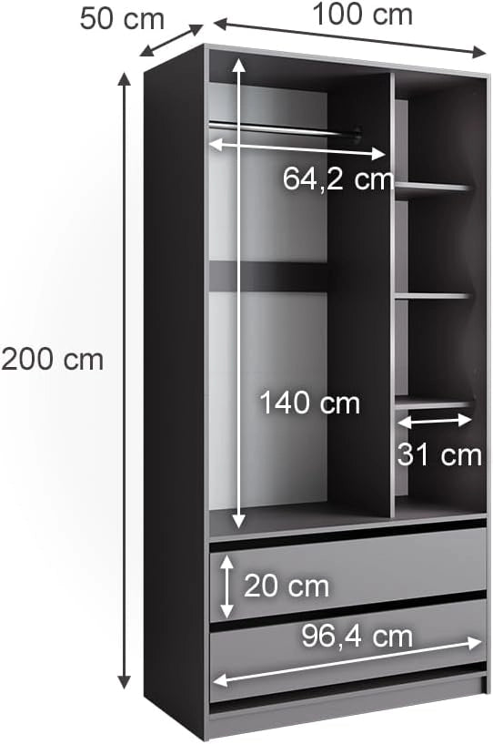 Armadio Elmo, Antracite, 100 x 200 cm con 2 cassetti, per la conservazione di abiti e combinabile con la serie Elmo