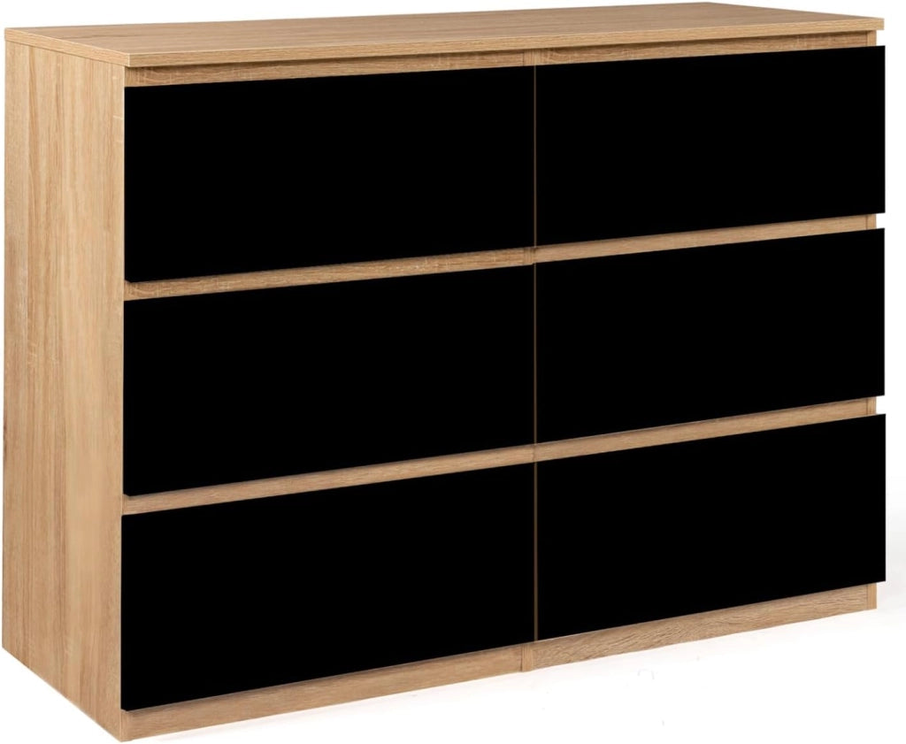 TOMI 110 cm cassettiera a 6 cassetti in legno effetto faggio e nero