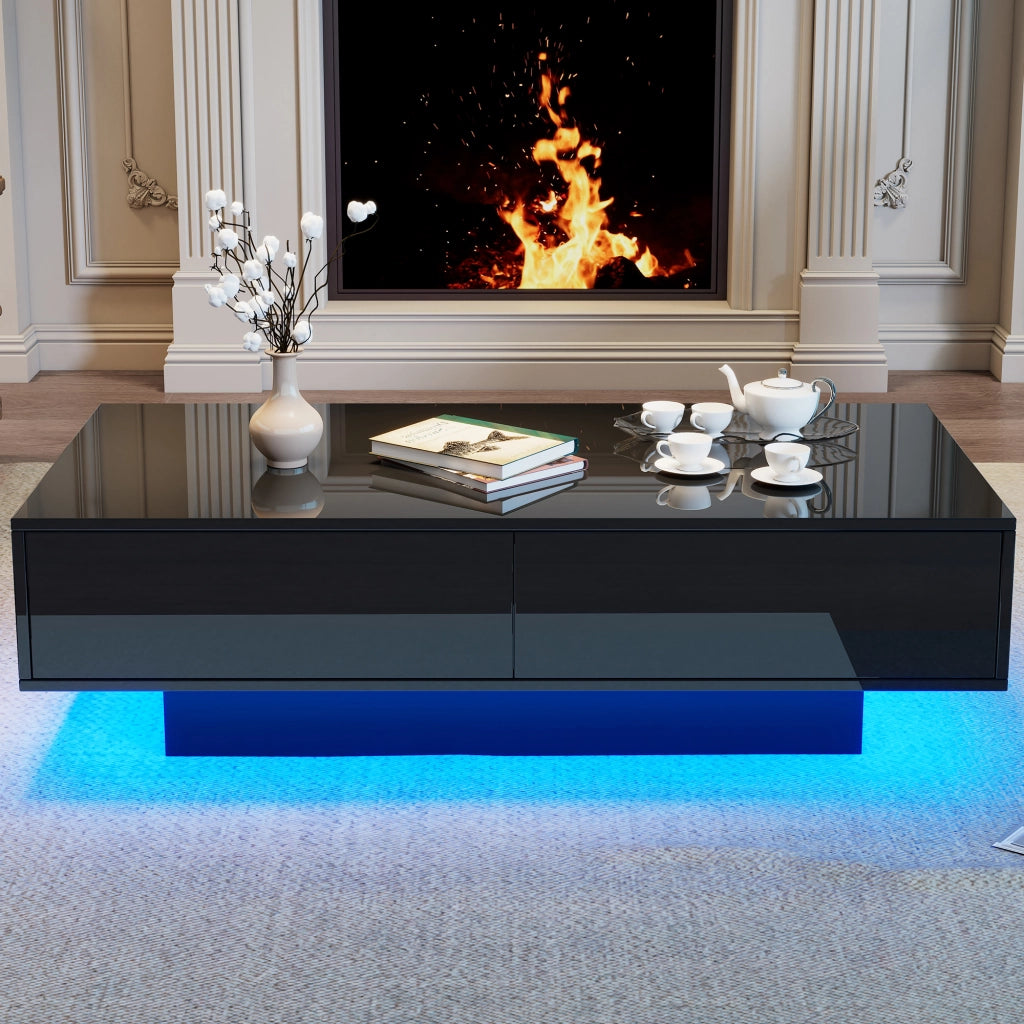 TAVOLINO da caffè 115x55x34 cm nero lucido con 2 cassetti e LED