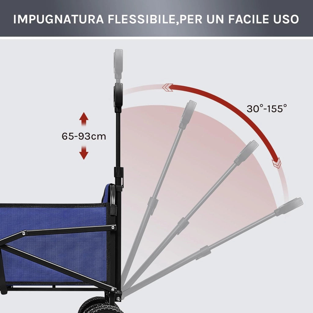 Carrello Pieghevole con 4 Ruote Doppie, Campeggio, Viaggio, Giardino, Spiaggia, Oxford+Metallo, Blu