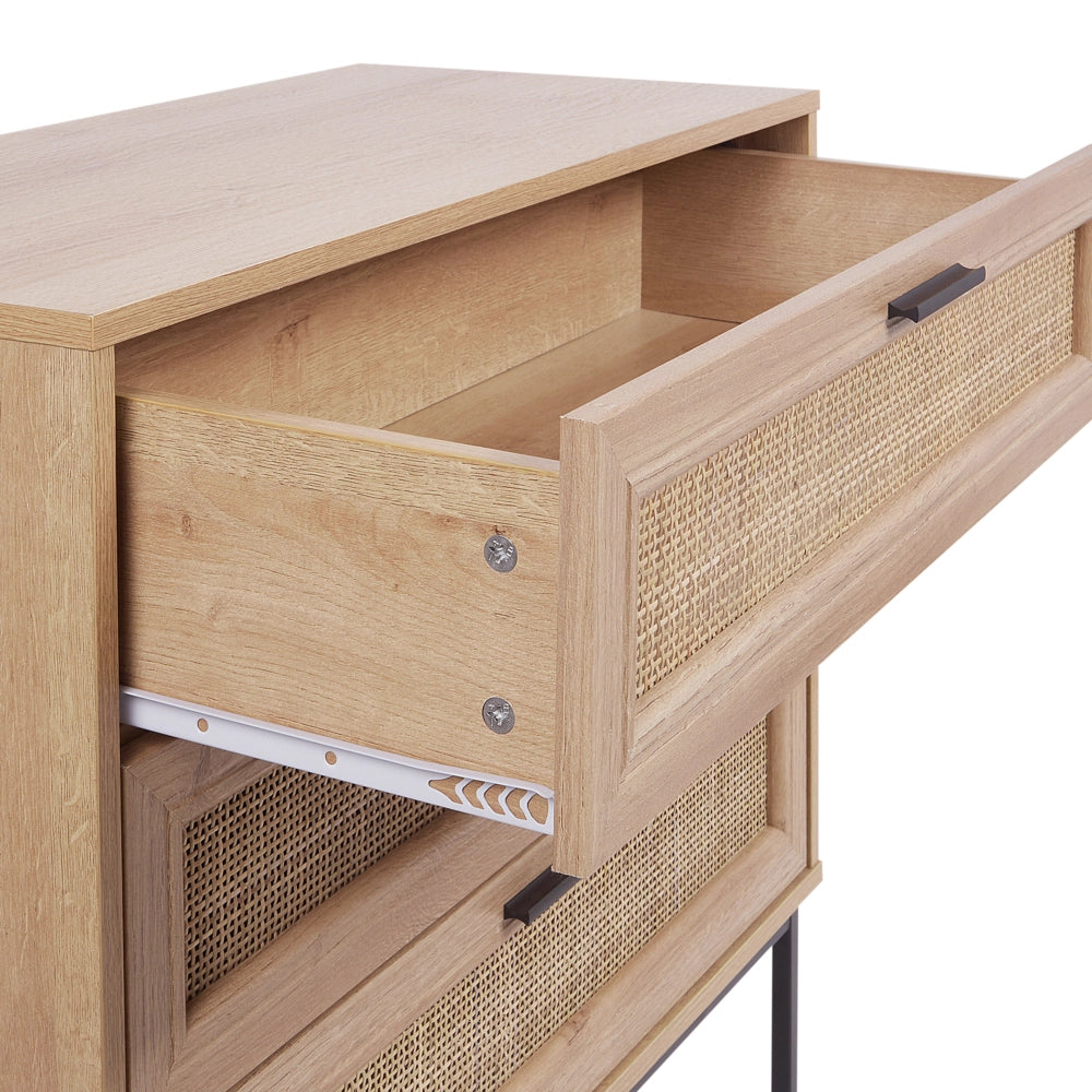 Cassettiera in rattan con tre cassetti con frontale in vimini legno chiaro stile moderno e classico