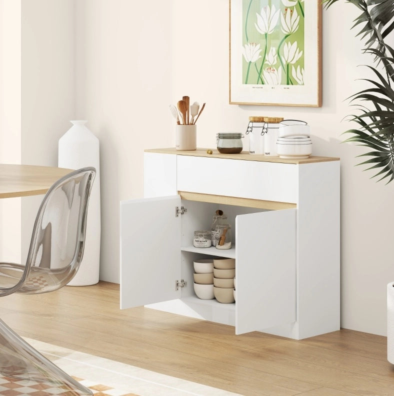Credenza ULEVR 105x30x81,5 cm con 2 ante, cassetto e ripiani regolabili, bianca