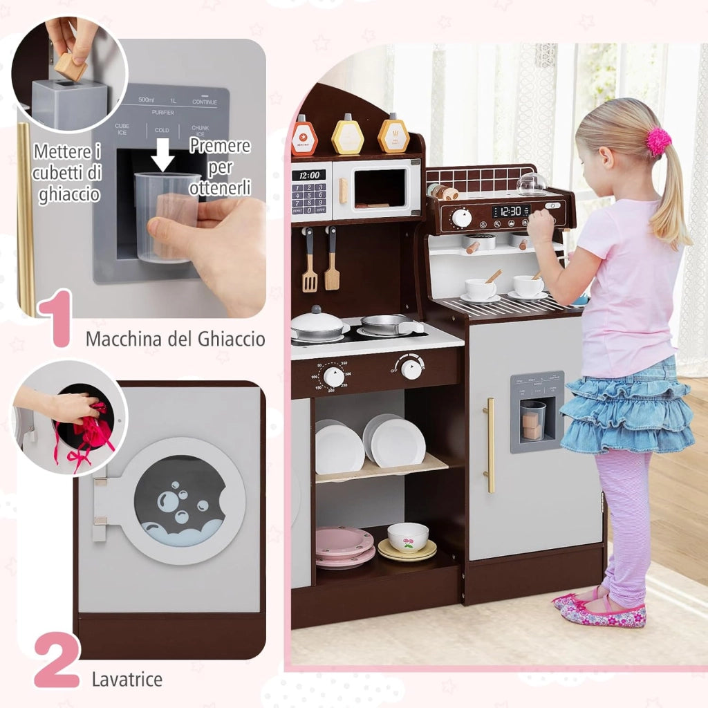 Cucina Giocattolo con Macchina da Caffè e del Ghiaccio, Cucina per Bambini in Legno con Lavatrice, Microonde, Fornelli e Lavandino, Set Cucina con 27 Accessori, 106 x 30 x 105 cm (Marrone)