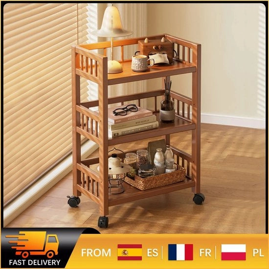 Carrello di stoccaggio mobile 3 livelli in bambù, con ruote bloccabili, per cucina e bagno, con piastra sottile.