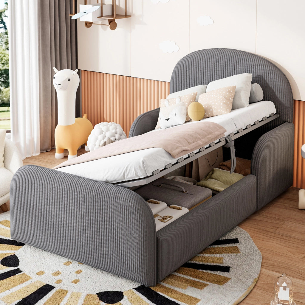 Letto imbottito per bambini con contenitore idraulico 90x200 cm in velluto grigio