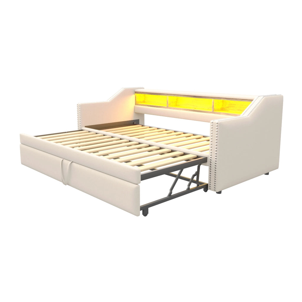 Divano letto imbottito estraibile 90/180 x 190 cm in lino beige con LED; USB e rete a doghe