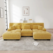 Divano modulare angolare a U in ciniglia gialla con pouf mobili