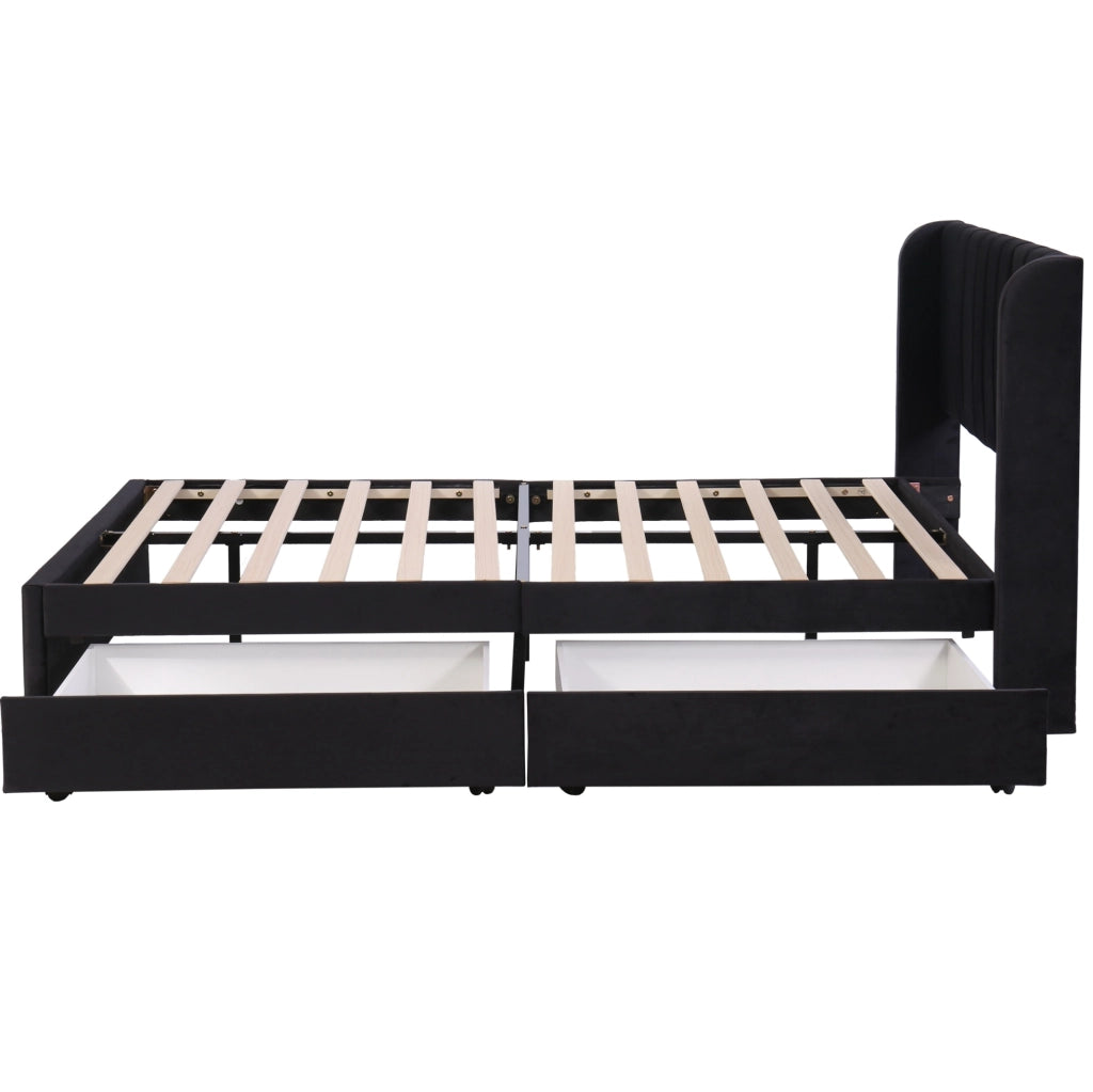 Letto imbottito 160x200 cm con 2 cassetti e rete a doghe; velluto nero