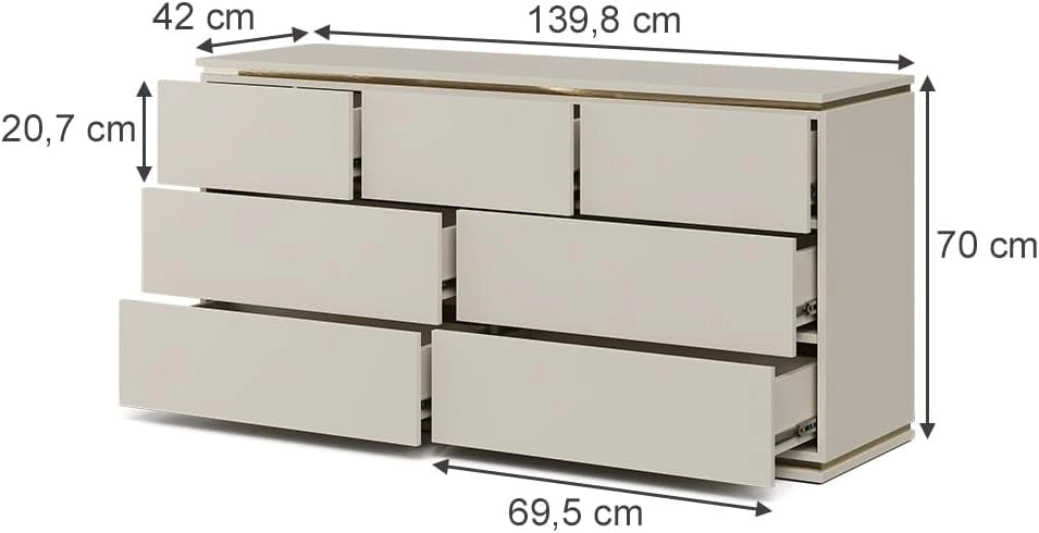 Cassettiera per camera da letto Linette, Cachemire, 139.8 x 70 cm con 7 cassetti, Meccanismo push-to-open per un'apertura silenziosa