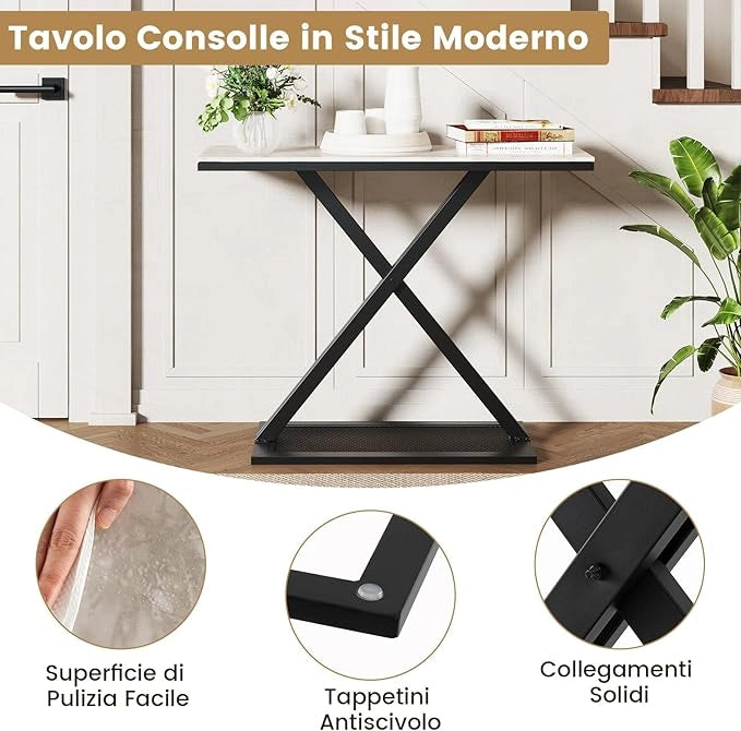 Tavolo Consolle, Tavolo d’Ingresso con Dispositivo Anti-ribaltamento, Piano in Marmo, Struttura Metallica e Piedini Regolabili, Consolle per Soggiorno, Corridoio e Ingresso