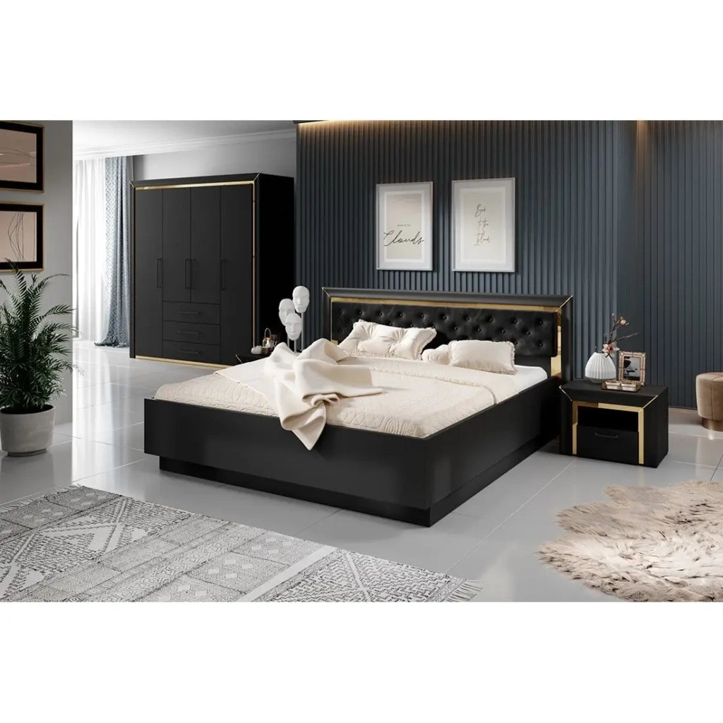 Letto matrimoniale 180x200 collezione DOHA. Colore nero opaco e dorato.