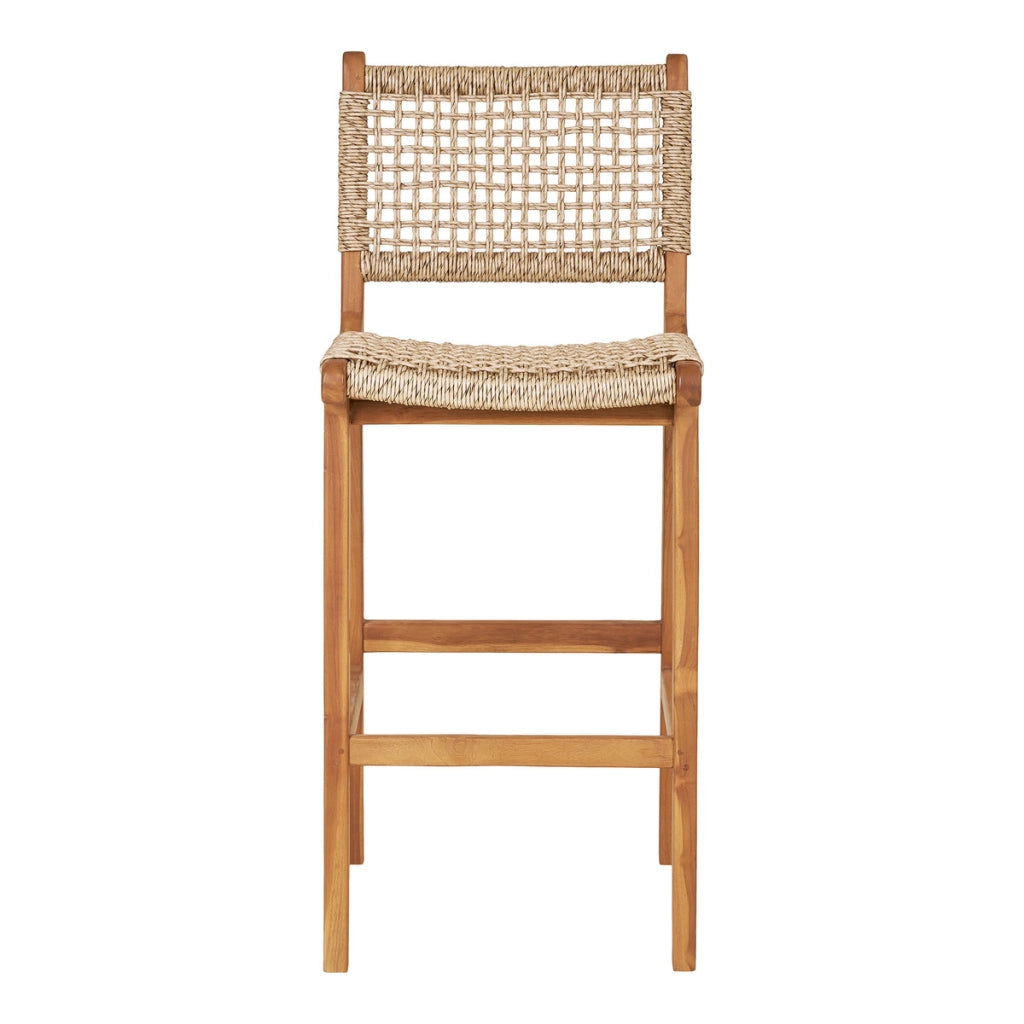 Sgabello da banco Derby in teak naturale con intreccio in rattan PE