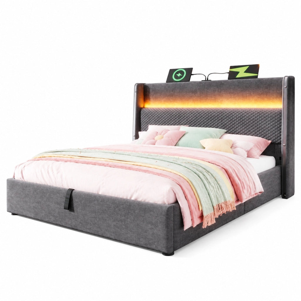 Letto matrimoniale 160x200 cm con contenitore, testiera alta, LED e porte USB/Type-C, grigio