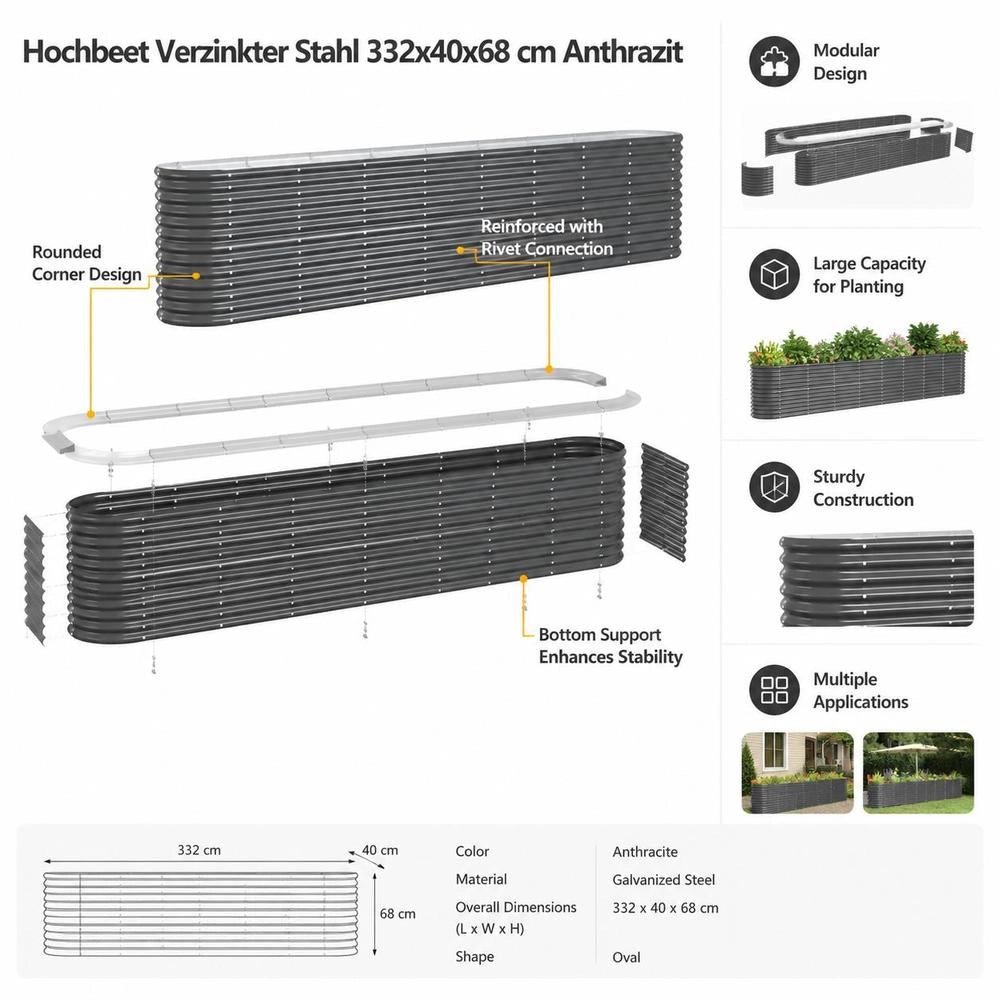Raised Bed Galvanized Steel 332x40x68 Cm Anthracite