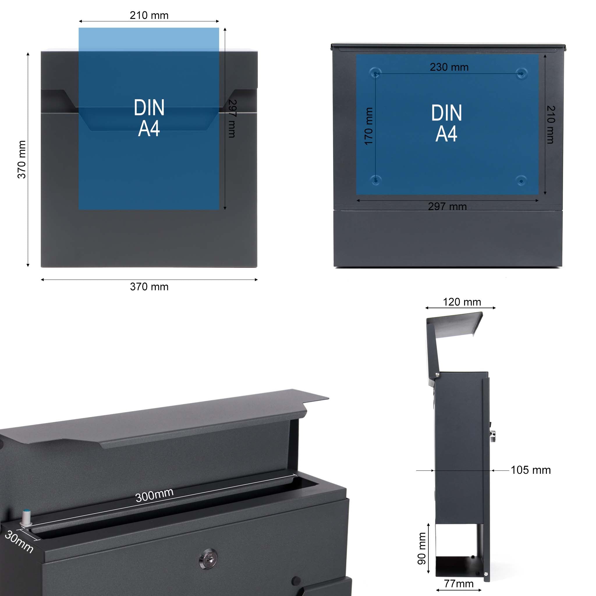 Cassetta postale V61 con portagiornale, antracite e inox, soft-close, 370 x 105 x 370 mm