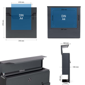 Cassetta postale V61 con portagiornale, antracite e inox, soft-close, 370 x 105 x 370 mm