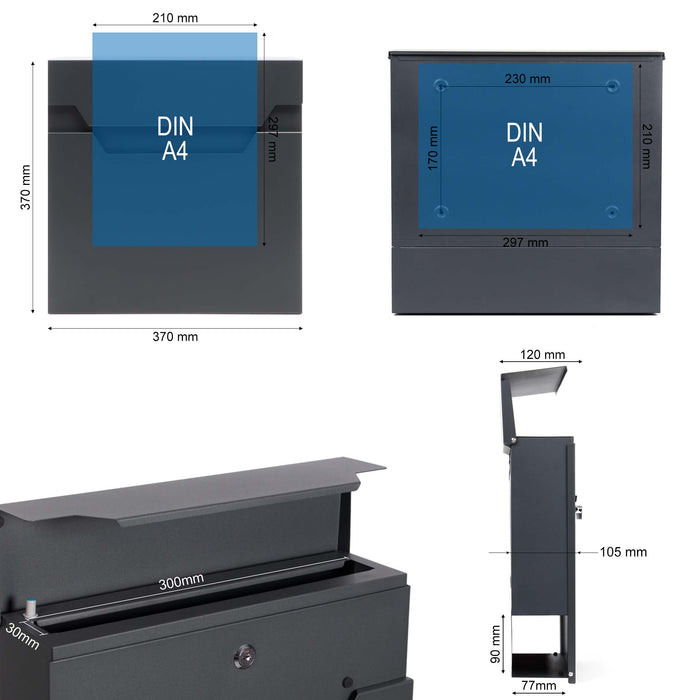 Cassetta postale V61 con portagiornale, antracite e inox, soft-close, 370 x 105 x 370 mm