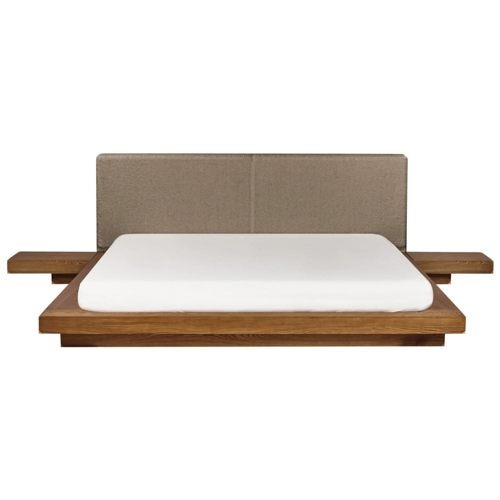 Letto matrimoniale ad acqua con testata e comodini in legno chiaro bouclé tortora 180 x 200 cm stile giapponese