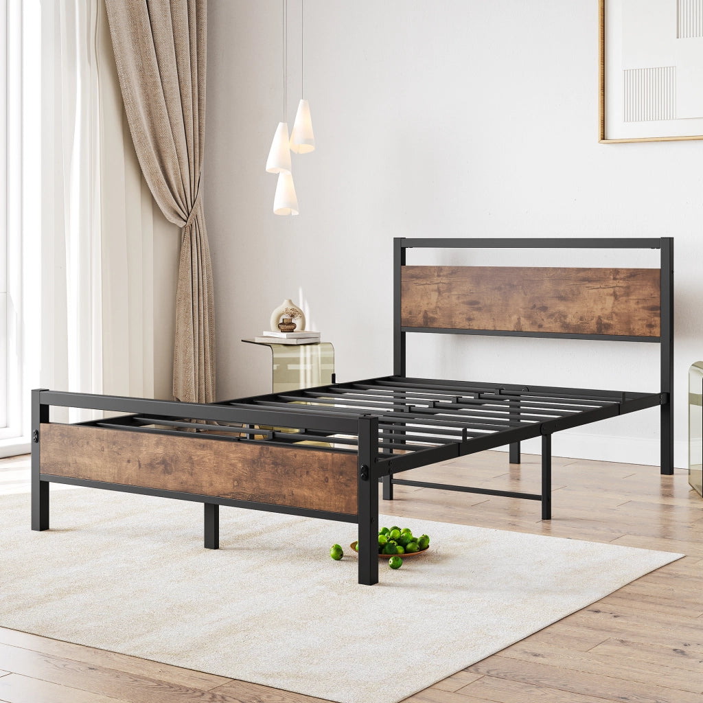 LETTO 140x200 cm in MDF e metallo marrone antico con rete a doghe e spazio sottoletto