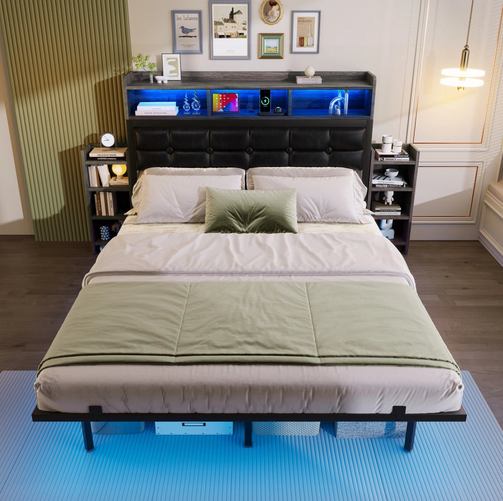 Letto matrimoniale LED 140x190 cm con comodini e ricarica USB-C