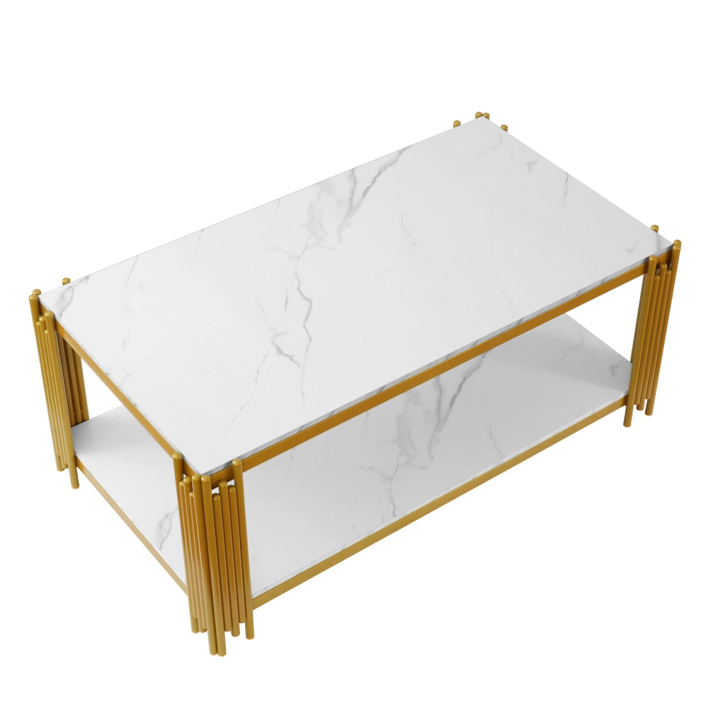 Tavolino da caffè 1140x64x46 cm con 2 ripiani; struttura in metallo e MDF; bianco oro