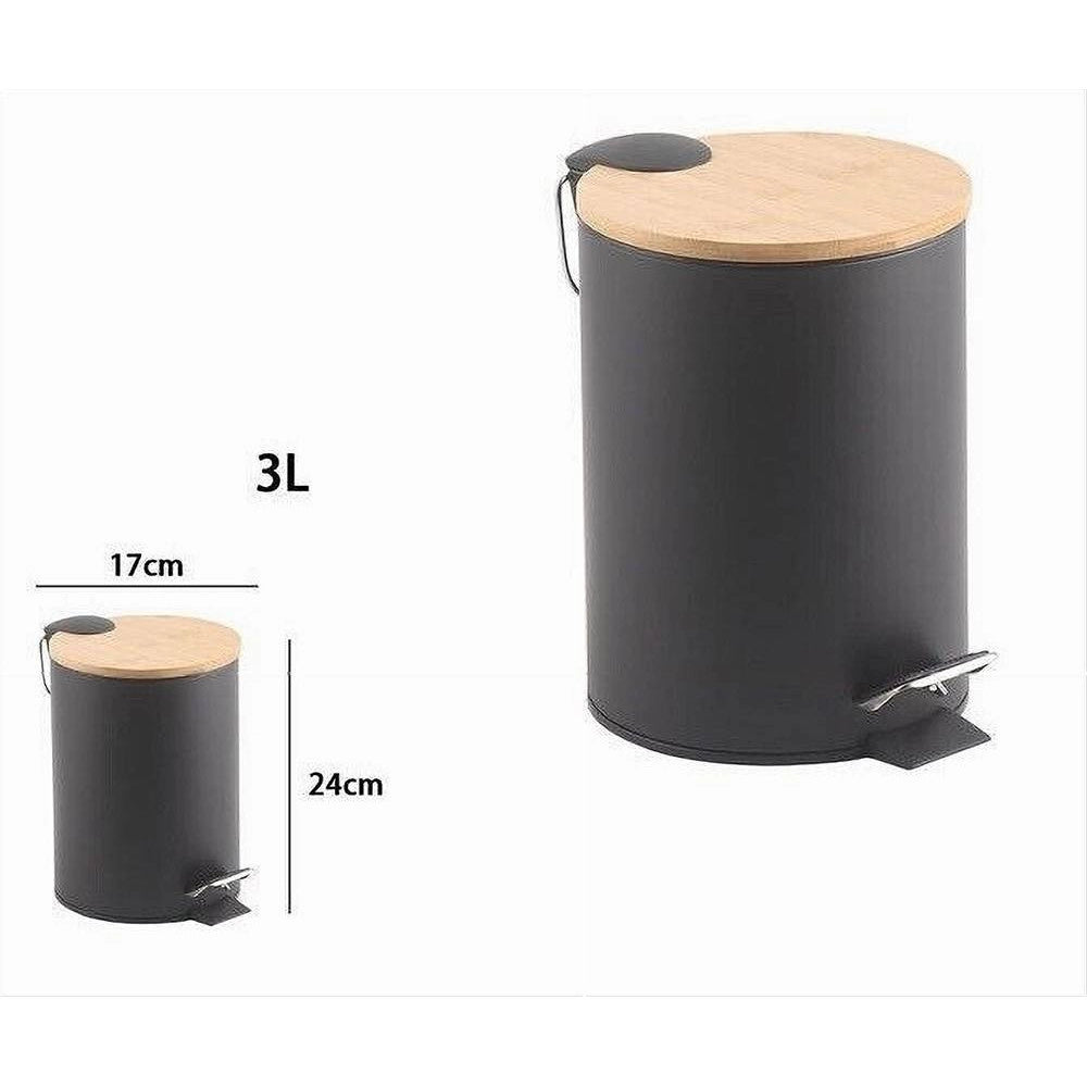 Trade Shop - Pattumiera Acciaio A Pedale 3 Litri Bidone Cestino Spazzatura Nero Legno 87457 -