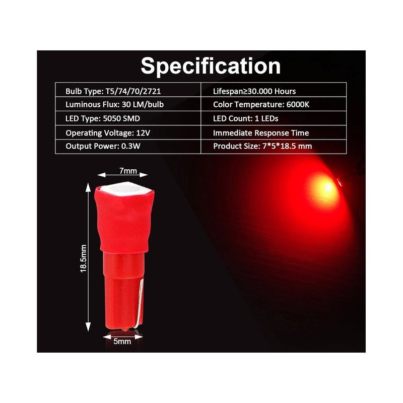 10 Lampadine LED T5 12V W1.2W Rosse SMD 5050 per Cruscotto Auto Moto
