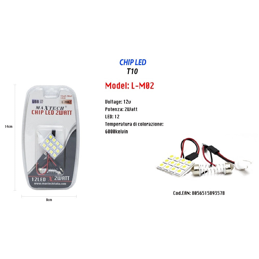 Trade Shop - Chip Led T10 2 Watt 12v 12 Led 6000k Auto Luce Ultra Luminose Maxtech L-m02 -