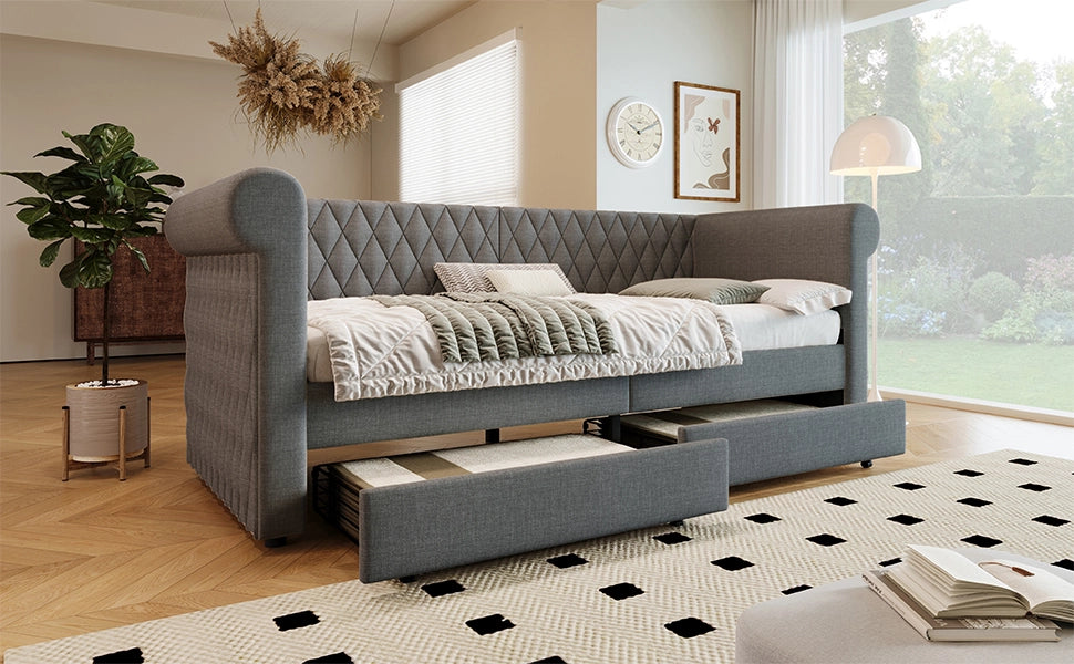 DESMIU Letto divano 90 × 200 cm 1 posto con 2 cassetti e schienale curvo, senza materasso, in lino, grigio
