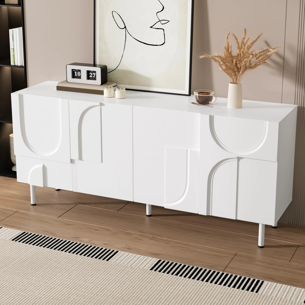 Credenza con 4 Ante e Piedini in Metallo; Design Geometrico Moderno con Curve Irregolari; in MDF e Pannello Truciolare; Bianca