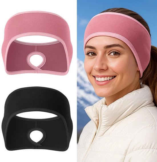 Cintura di calore per capelli 2 pezzi - Fleece orecchioni - Cintura per donne - Inverno - Cappuccio a ciuffo - Nero/Rosso - 13 x 25 cm